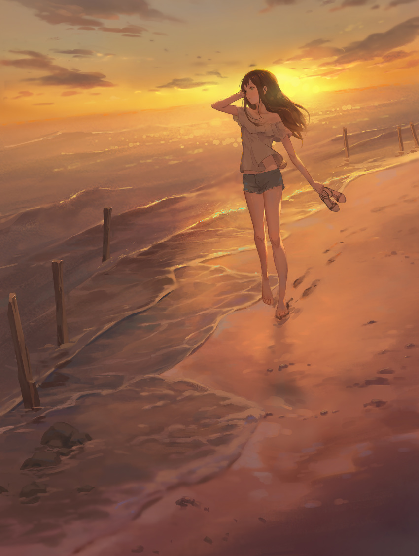 1girl absurdres bangs bare_arms bare_legs bare_shoulders barefoot beach blue_shorts brown_hair clouds denim denim_shorts dutch_angle footprints frills gawain_(artist) hand_on_own_head hand_up highres horizon idolmaster idolmaster_cinderella_girls long_hair looking_away looking_to_the_side nature ocean off_shoulder rock sandals sandals_removed scenery shibuya_rin short_sleeves shorts sky solo sun sunset walking waves wind wood