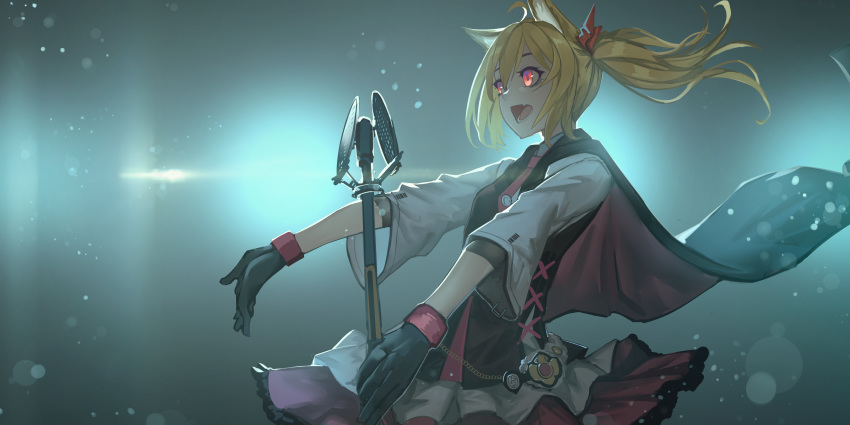 1girl absurdres animal_ear_fluff animal_ears arknights bangs black_cape black_gloves black_vest blonde_hair cape eyebrows_behind_hair fang fixro2n frilled_skirt frills from_side gloves hair_between_eyes hair_ribbon highres looking_away microphone microphone_stand open_mouth outstretched_arms ponytail red_cape red_eyes red_ribbon red_skirt ribbon shirt short_sleeves skirt solo sora_(arknights) vest white_shirt