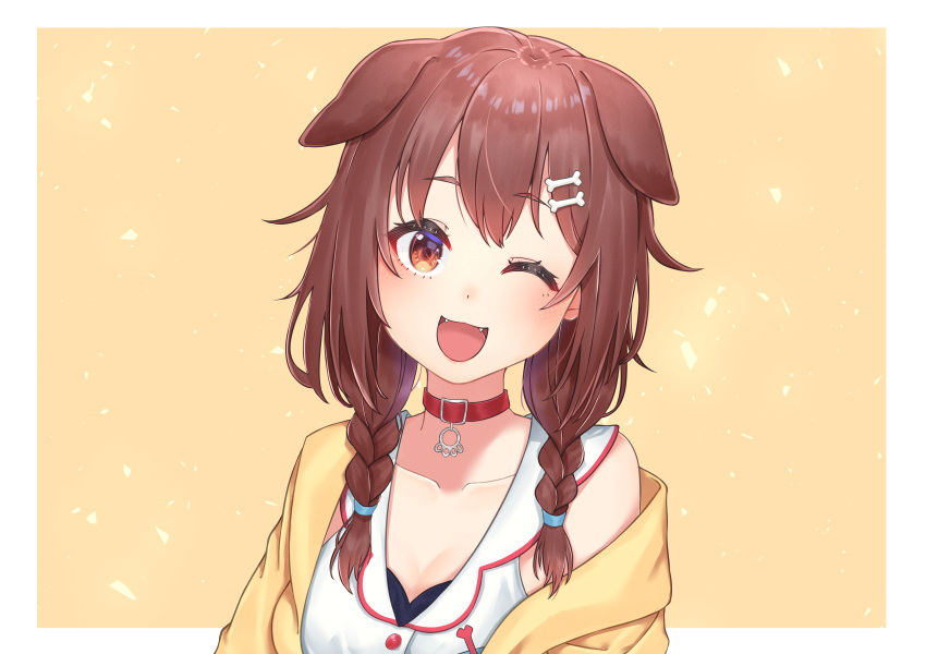 1girl :3 :d absurdres animal_ears ao12073010 bangs bone_hair_ornament braid brown_eyes brown_hair buttons cartoon_bone choker collar collarbone dog_collar dog_ears dog_girl dress eyebrows_visible_through_hair fangs hair_ornament hairclip highres hololive inugami_korone jacket long_hair looking_at_viewer low_twin_braids low_twintails off-shoulder_jacket one_eye_closed open_mouth orange_background raised_eyebrows red_collar smile solo twin_braids twintails upper_body virtual_youtuber white_dress yellow_jacket