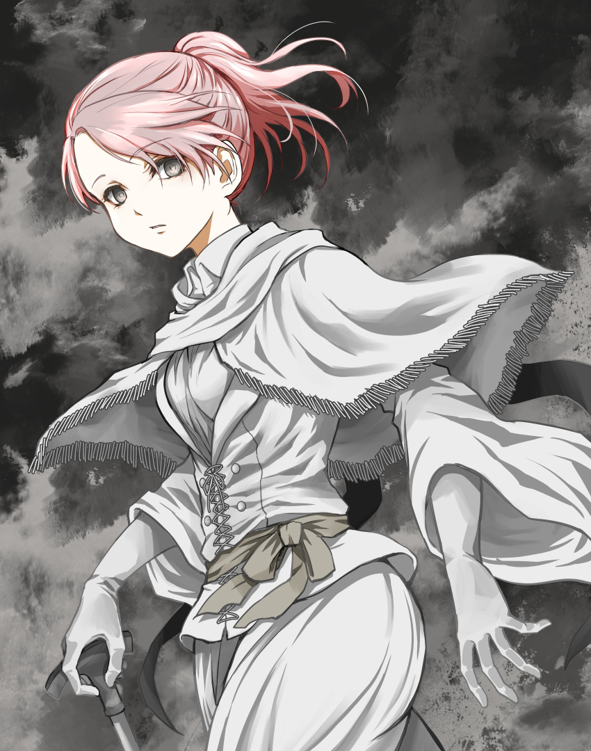 1girl absurdres bloodborne breasts cane capelet commentary_request cross-laced_clothes double-breasted gloves highres holding holding_cane iosefka jacket looking_at_viewer medium_breasts parted_lips ponytail shimoda_masaya shirt short_hair skirt solo white_capelet white_jacket white_shirt white_skirt