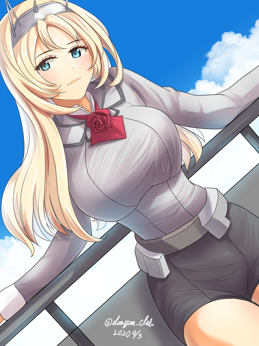 1girl absurdres ascot black_skirt blonde_hair blue_eyes blue_sky blush breasts clouds dangan_kurabu day flower grey_shirt headgear highres kantai_collection large_breasts long_hair long_sleeves military military_uniform nelson_(kantai_collection) outdoors pencil_skirt red_flower red_neckwear red_rose rose shirt skirt sky solo uniform