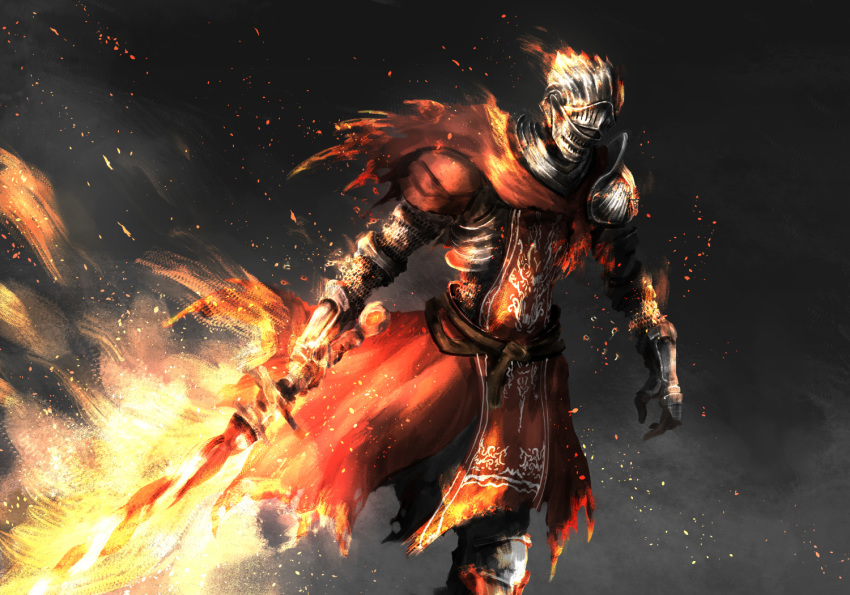 1other ambiguous_gender armor belt breastplate brown_belt burning burning_clothes capelet commentary_request dark_souls_iii embers fire flaming_sword flaming_weapon full_armor gauntlets grey_background helmet holding holding_sword holding_weapon pauldrons plate_armor red_capelet shimoda_masaya shoulder_armor solo soul_of_cinder souls_(from_software) sword torn_clothes walking weapon