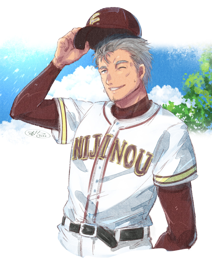 1boy arm_up baseball_cap baseball_uniform belt belt_buckle black_belt black_shirt brown_headwear buckle day grey_eyes grey_hair hat highres holding holding_clothes holding_hat ittokyu long_sleeves looking_at_viewer maimoto_keisuke male_focus nijisanji pants parted_lips shirt short_over_long_sleeves short_sleeves signature smile solo sportswear sweat virtual_youtuber white_pants white_shirt