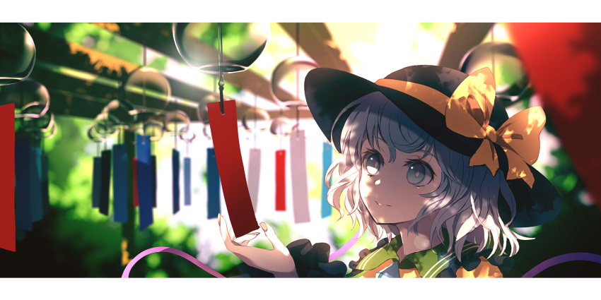 1girl aqua_eyes black_headwear blurry bow dappled_sunlight day depth_of_field dise grey_hair hat hat_ribbon highres komeiji_koishi letterboxed long_sleeves looking_away nail_polish outdoors paper portrait reaching ribbon short_hair smile solo sun_hat sunlight touhou wind_chime yellow_bow yellow_nails