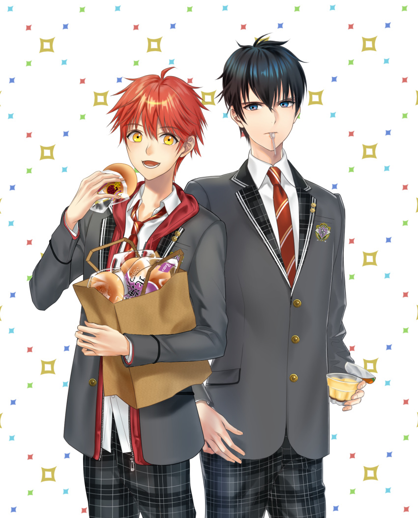 2boys :d bag black_hair blazer blue_eyes copyright_request doughnut food grey_blazer highres jacket male_focus mouth_hold multiple_boys necktie nyan5000 open_mouth pants plaid plaid_pants pudding red_neckwear redhead school_uniform shopping_bag smile standing white_background yellow_eyes