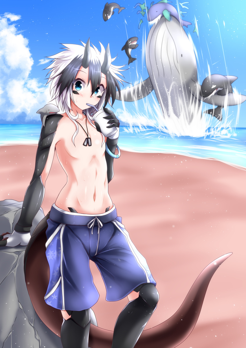 1boy absurdres arm_support bangs battle beach black_hair blue_eyes blue_shorts blue_sky blush bracelet chest claws clouds commentary_request cowboy_shot cup day dog_tags dragon_boy dragon_horns dragon_tail drinking drinking_straw eyebrows_visible_through_hair g_(desukingu) groin hair_between_eyes highres holding holding_cup horns jewelry looking_at_viewer male_focus medium_hair motion_lines multicolored_hair navel ocean orca original outdoors rio_(g) rock sand shark shirtless shorts sky solo_focus standing star_(symbol) star_print stomach sweat tail two-tone_hair whale white_hair