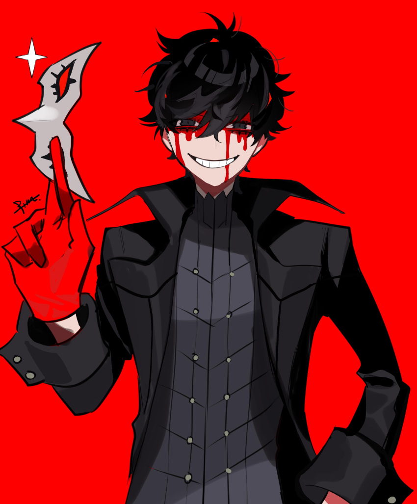 1boy absurdres amamiya_ren bangs black_coat black_eyes black_hair blood blood_on_face btmr_game coat gloves grin hair_between_eyes highres holding holding_mask male_focus mask persona persona_5 red_background red_gloves signature simple_background smile solo sparkle upper_body