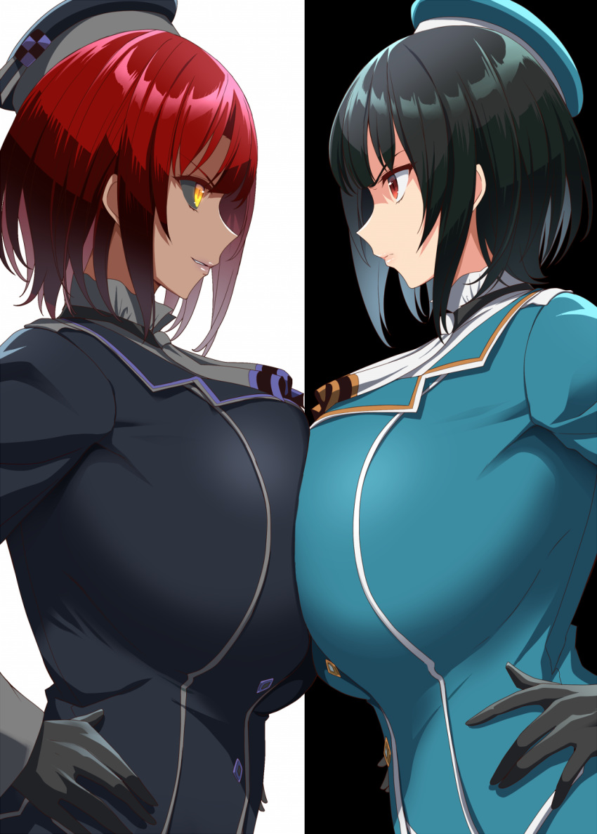 2girls black_gloves black_hair breast_contest breast_press breasts dark_skin dual_persona eye_contact gloves hands_on_hips hat highres huge_breasts kantai_collection kloah looking_at_another multiple_girls red_eyes redhead symmetrical_docking takao_(kantai_collection) white_background yellow_eyes