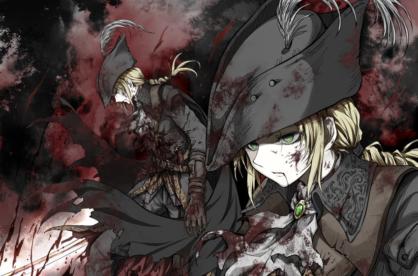 1girl absurdres ascot black_cape black_headwear blonde_hair blood blood_from_mouth blood_on_face blood_splatter bloodborne bloody_clothes bloody_weapon brown_coat brown_gloves cape coat commentary_request face feet from_side gloves green_eyes grey_background hat hat_feather highres holding injury lady_maria_of_the_astral_clocktower long_hair looking_at_viewer low_ponytail multiple_views ponytail rakuyo_(bloodborne) shimoda_masaya sword the_old_hunters torn_cape torn_clothes tricorne weapon