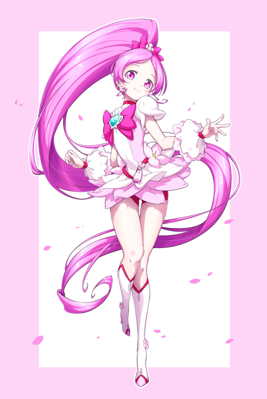1girl absurdly_long_hair absurdres bangs boots border bow bowtie closed_mouth cure_blossom dress floating_hair full_body hair_bow heartcatch_precure! high_ponytail highres knee_boots layered_dress long_hair looking_at_viewer matatabi_(karukan222) outside_border parted_bangs pink_border pink_dress pink_hair precure red_bow red_eyes red_neckwear shiny shiny_hair short_dress short_sleeves smile solo thigh_gap very_long_hair white_background white_footwear wrist_cuffs