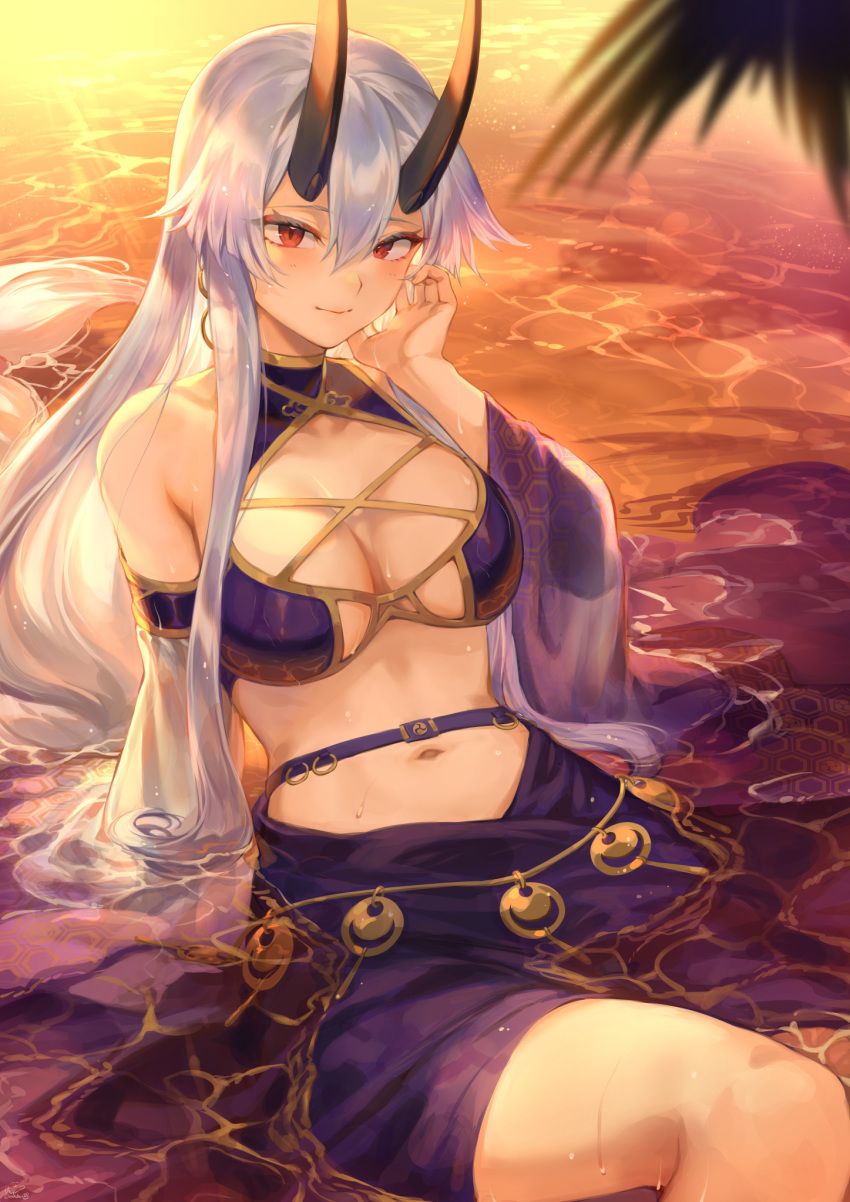 1girl bangs bare_shoulders beach bikini blue_bikini blush breasts closed_mouth detached_sleeves earrings fate/grand_order fate_(series) highres hoop_earrings horns jewelry large_breasts long_hair looking_at_viewer mashuu_(neko_no_oyashiro) navel oni_horns red_eyes sarong shore silver_hair swimsuit tomoe_gozen_(fate/grand_order) tomoe_gozen_(swimsuit_saber)_(fate) twilight wide_sleeves