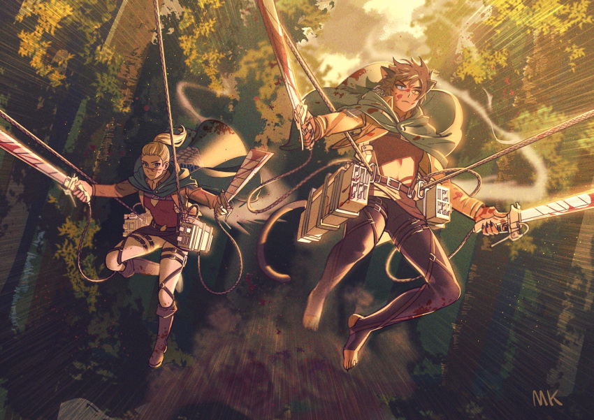 2girls adora_(she-ra) alternate_universe animal_ears blonde_hair blood boots brown_hair cape cat_ears cat_girl cat_tail catra forest heterochromia highres mondaykilly multiple_girls nature outdoors paradis_military_uniform ponytail she-ra_and_the_princesses_of_power shingeki_no_kyojin short_hair tail thigh_strap three-dimensional_maneuver_gear tree