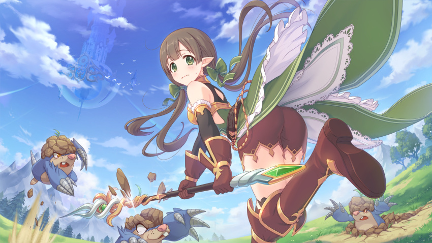 1girl ayumi_(princess_connect!) blue_sky boots brown_hair gloves green_eyes holding holding_polearm holding_weapon looking_at_viewer looking_back monster official_art outdoors polearm princess_connect! sky spear weapon