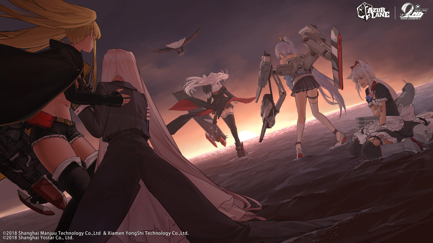 5girls absurdres animal animal_ears apron azur_lane bird black_coat black_jacket black_legwear black_shorts black_skirt blonde_hair boots cat_ears clouds cloudy_sky coat cutoffs dishwasher1910 dutch_angle eagle elbow_gloves enterprise_(azur_lane) fingerless_gloves flight_deck floating_hair from_behind gloves hammann_(azur_lane) highres hornet_(azur_lane) jacket long_hair long_sleeves low_ponytail machinery maid_apron miniskirt multiple_girls navel ocean off_shoulder official_art outdoors pleated_skirt portland_(azur_lane) rudder_footwear short_shorts shorts side_ponytail sitting skirt sky standing standing_on_liquid sunset thigh-highs thighs torpedo_tubes turret twintails very_long_hair waist_apron water white_hair yorktown_(azur_lane) zettai_ryouiki