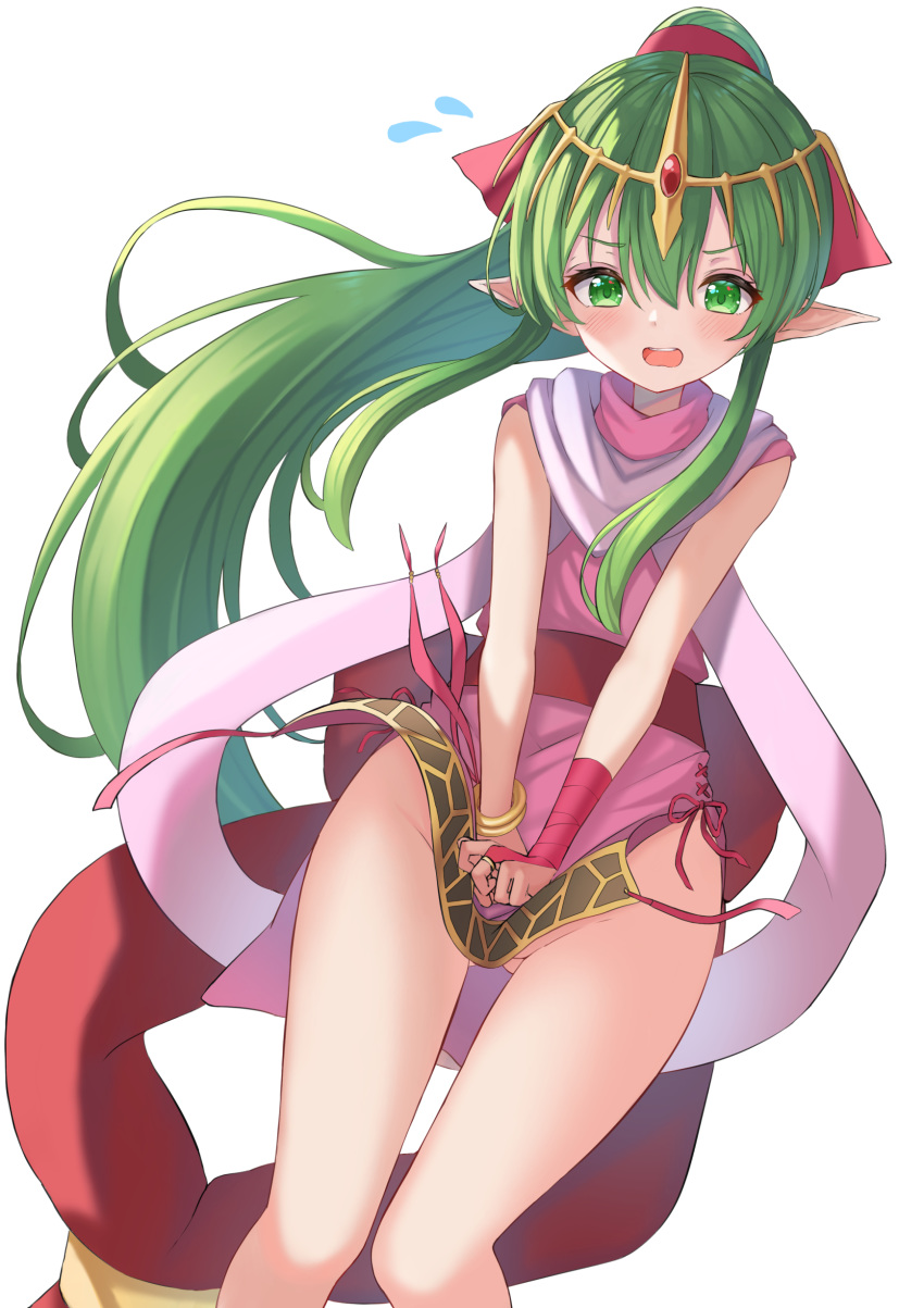 1girl absurdres ass_visible_through_thighs bangle bare_arms blush bracelet child dress dress_tug fire_emblem fire_emblem:_mystery_of_the_emblem floating_hair flying_sweatdrops green_eyes green_hair hair_between_eyes hair_ornament hako_momiji highres jewelry long_hair looking_at_viewer manakete no_panties open_mouth pink_dress pointy_ears ponytail sash short_dress sidelocks simple_background sleeveless sleeveless_dress solo tiara tiki_(fire_emblem) white_background