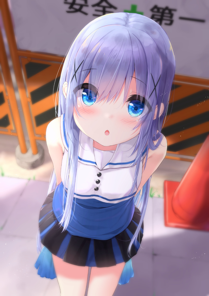 1girl :o arms_behind_back bangs bare_shoulders black_skirt blue_eyes blue_hair blue_shirt blurry blurry_background blush breasts cheerleader commentary_request depth_of_field eyebrows_visible_through_hair from_above gochuumon_wa_usagi_desu_ka? hair_between_eyes hair_ornament highres kafuu_chino kouda_suzu long_hair looking_at_viewer looking_up parted_lips pleated_skirt pom_poms sailor_collar shirt skirt sleeveless sleeveless_shirt small_breasts solo standing traffic_cone very_long_hair white_sailor_collar x_hair_ornament
