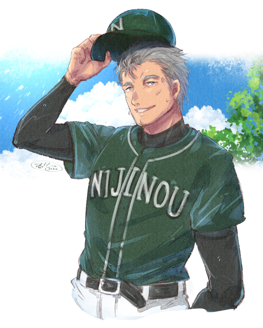 1boy arm_up baseball_cap baseball_uniform belt belt_buckle black_belt black_shirt buckle commentary_request day green_headwear green_shirt grey_eyes grey_hair hat highres holding holding_clothes holding_hat ittokyu long_sleeves looking_at_viewer maimoto_keisuke male_focus nijisanji pants parted_lips shirt short_over_long_sleeves short_sleeves signature smile solo sportswear sweat virtual_youtuber white_pants