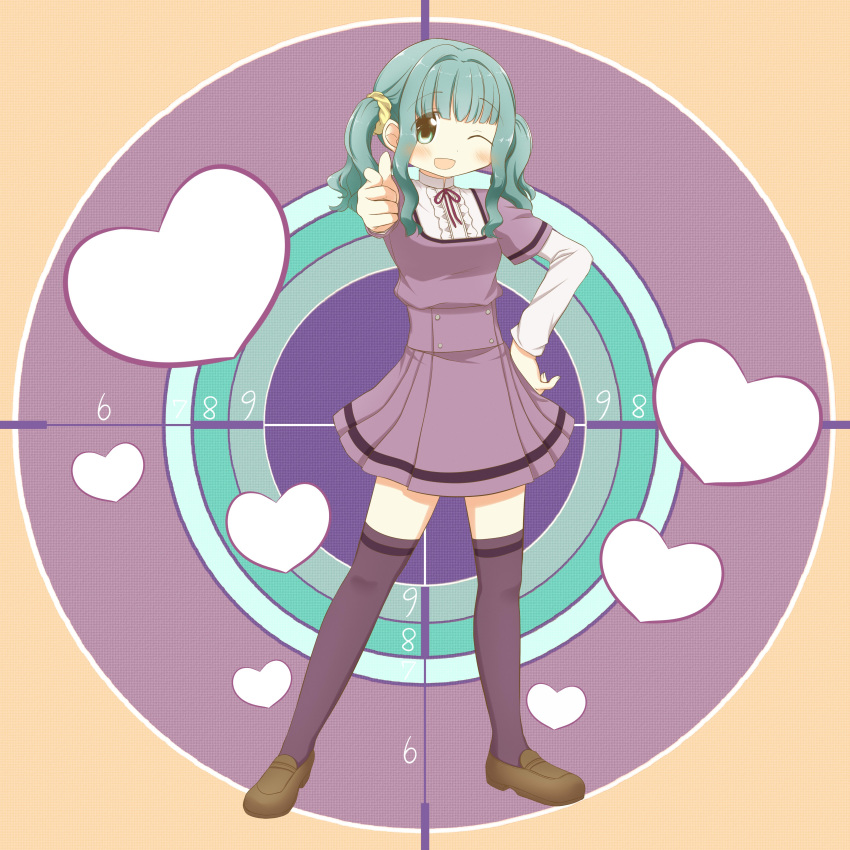 1girl ;d absurdres aoki_ume_(style) bangs blunt_bangs blush breasts brown_footwear center_frills circle commentary commission contrapposto curly_hair dot_nose eyebrows_visible_through_hair eyes_visible_through_hair frills full_body futaba_sana green_eyes green_hair hand_on_hip happy heart heart_background high_collar highres index_finger_raised legs_apart loafers long_sleeves magia_record:_mahou_shoujo_madoka_magica_gaiden mahou_shoujo_madoka_magica mizuna_girls'_academy_uniform multicolored multicolored_background neck_ribbon number one_eye_closed open_mouth pleated_skirt pointing pointing_at_viewer purple_legwear purple_ribbon purple_skirt ribbon scrunchie shiny shiny_hair shoes sidelocks skirt small_breasts smile solo standing tareme thigh-highs twintails wahyu_lanang yellow_scrunchie zettai_ryouiki