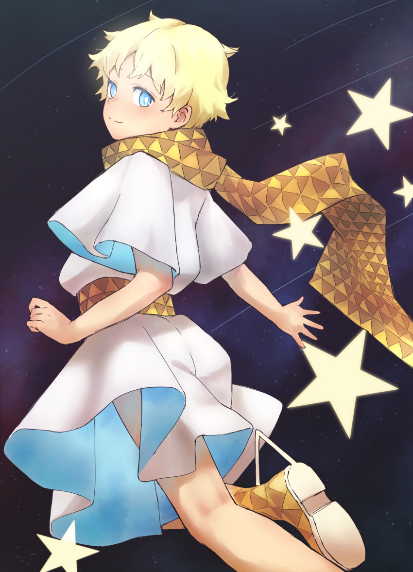 1boy baggy_clothes bangs blush boots bright_pupils eroemodoki fate/grand_order fate/requiem fate_(series) floating from_behind glowing highres looking_at_viewer looking_back parted_bangs scarf sky solo space star_(sky) starry_background starry_sky voyager_(fate/requiem) yellow_scarf