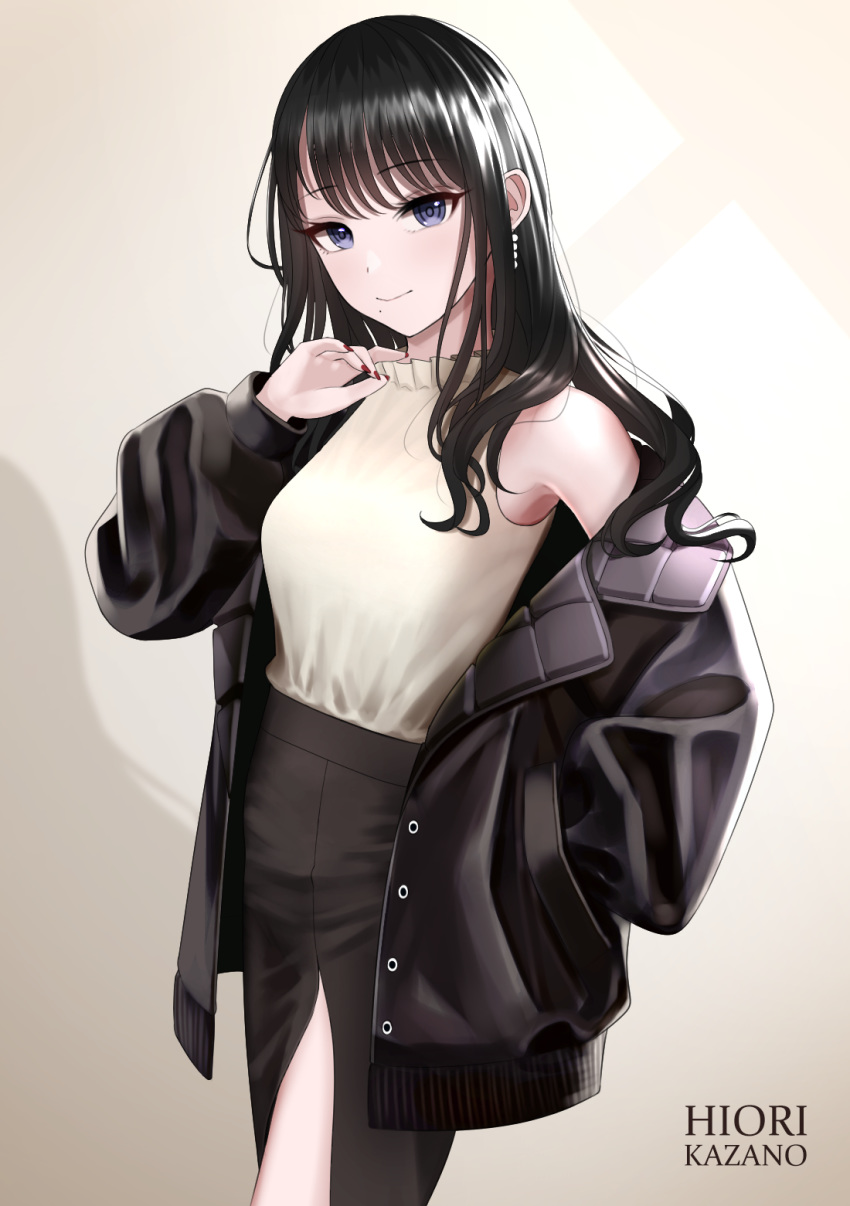 1girl bangs bare_shoulders beige_background black_hair black_jacket black_skirt blue_eyes character_name commentary_request cowboy_shot eyebrows_visible_through_hair hand_in_pocket hand_up highres idolmaster idolmaster_shiny_colors jacket kazano_hiori long_hair long_sleeves looking_at_viewer nail_polish off_shoulder open_clothes open_jacket red_nails shirt skirt sleeveless sleeveless_shirt smile solo standing turisasu