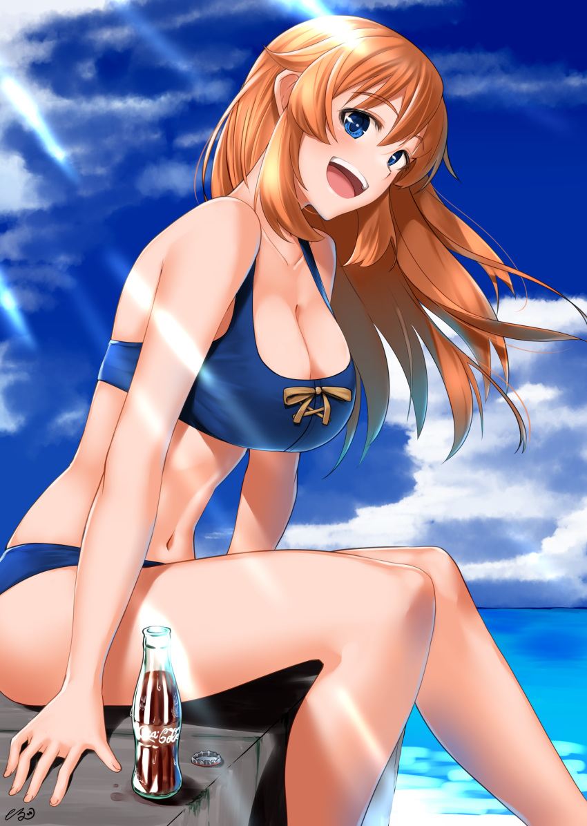 1girl absurdres bikini blue_bikini blue_eyes blue_sky bottle breasts brown_hair charlotte_e_yeager clouds coca-cola cola commentary_request day feet_out_of_frame highres hiroshi_(hunter-of-kct) horizon large_breasts long_hair ocean open_mouth outdoors sitting sky smile solo strike_witches swimsuit upper_teeth world_witches_series