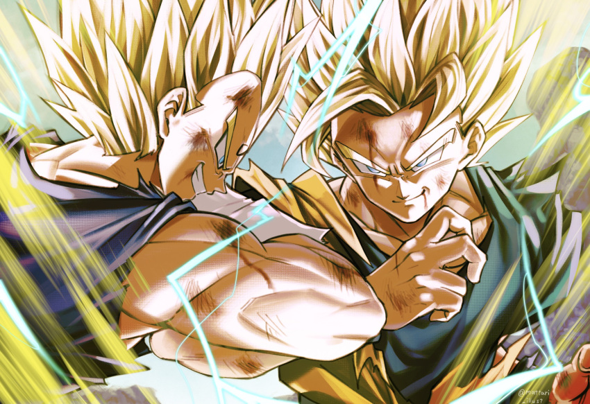 2boys aura battle blonde_hair blood bruise_on_face closed_mouth dragon_ball dragon_ball_z electricity gloves grin highres majin_vegeta male_focus mattari_illust multiple_boys sleeveless smile son_gokuu spiky_hair super_saiyan super_saiyan_2 torn_clothes vegeta white_gloves