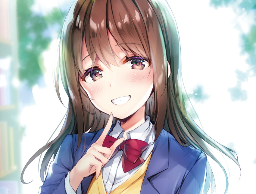 1girl :d bangs blue_jacket blurry blurry_background blush book bookshelf bow bowtie brown_hair collared_shirt day eyebrows_visible_through_hair grin highres hisama_kumako index_finger_raised jacket long_hair long_sleeves looking_at_viewer open_mouth original portrait red_neckwear school_uniform shirt sidelocks smile solo sweater sweater_vest teeth tree white_shirt window yellow_sweater