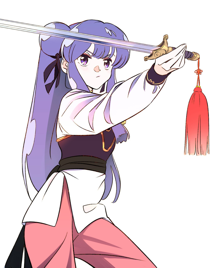 1girl chinese_clothes hair_bun highres holding holding_sword holding_weapon ichirogi long_hair looking_up pants purple_hair ranma_1/2 red_pants shampoo_(ranma_1/2) solo sword violet_eyes weapon white_background