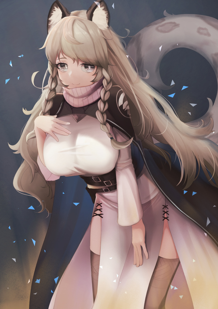 1girl absurdres animal_ear_fluff animal_ears arknights bangs belt black_belt black_cape braid breasts cape commentary cowboy_shot dress grey_eyes grey_legwear hand_on_own_chest highres hitsuji_no_rice huge_filesize large_breasts leaning_forward leopard_ears leopard_tail long_hair long_sleeves looking_at_viewer pramanix_(arknights) silver_hair smile solo standing tail thigh-highs turtleneck_dress twin_braids white_dress