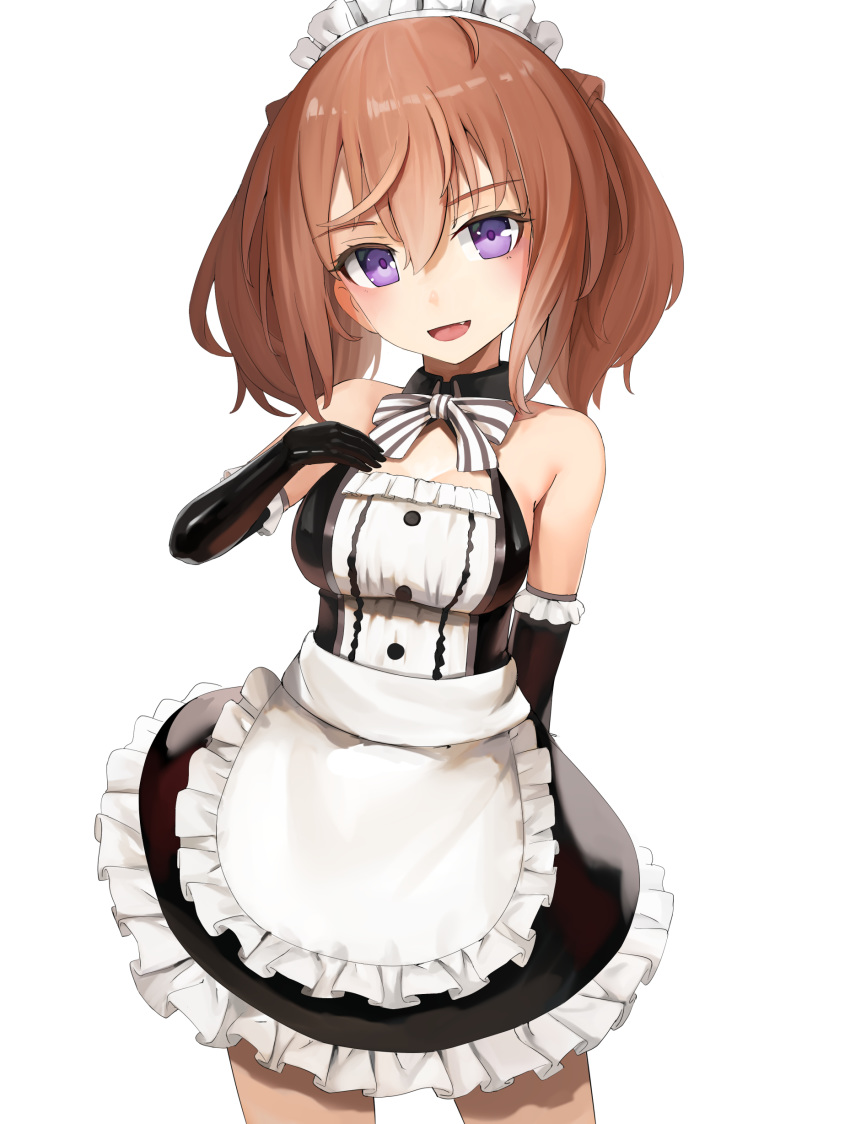 1girl absurdres alice_gear_aegis breasts brown_hair elbow_gloves gloves highres kimikage_yui looking_at_viewer maid medium_breasts medium_hair open_mouth smile solo sunga2usagi violet_eyes white_background