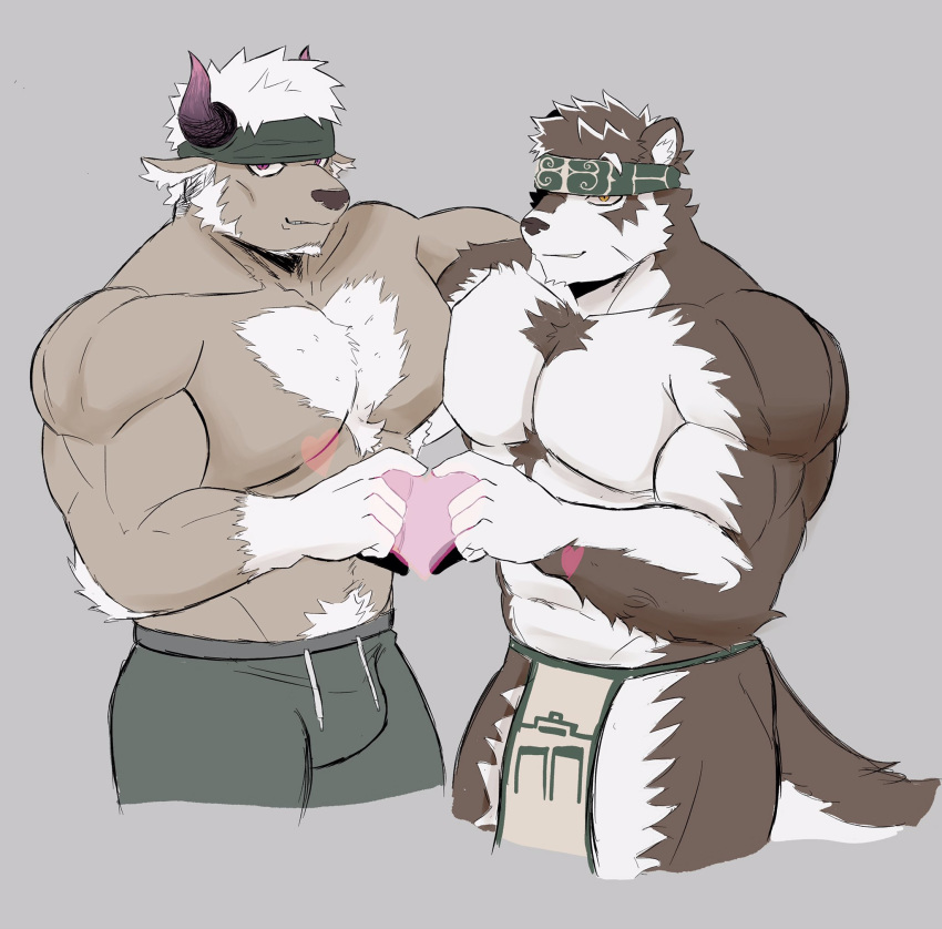 2boys animal_ears bara body_hair bulge chest chest_hair couple cow_boy cow_ears cow_horns facial_hair furry goatee grey_fur grey_hair headband heart heart_hands highres horkeu_kamui_(tokyo_houkago_summoners) horns male_focus manly multicolored_hair multiple_boys muscle pectoral_docking pectoral_press pectorals pinkblood purple_horns revealing_clothes shennong_(tokyo_afterschool_summoners) shirtless short_hair sideburns silver_hair tail thighs tokyo_houkago_summoners two-tone_fur upper_body white_fur wolf_boy wolf_ears wolf_tail yellow_eyes