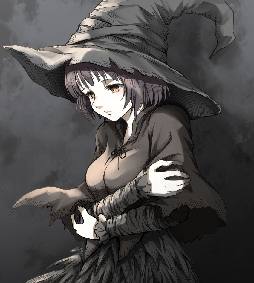 1girl absurdres arms_under_breasts bangs black_hair black_ribbon breasts brown_cloak brown_headwear cloak commentary_request dark_souls_iii facing_to_the_side grey_background hat highres karla_(dark_souls_3) large_breasts long_sleeves looking_down ribbon shimoda_masaya short_hair sitting solo souls_(from_software) witch_hat