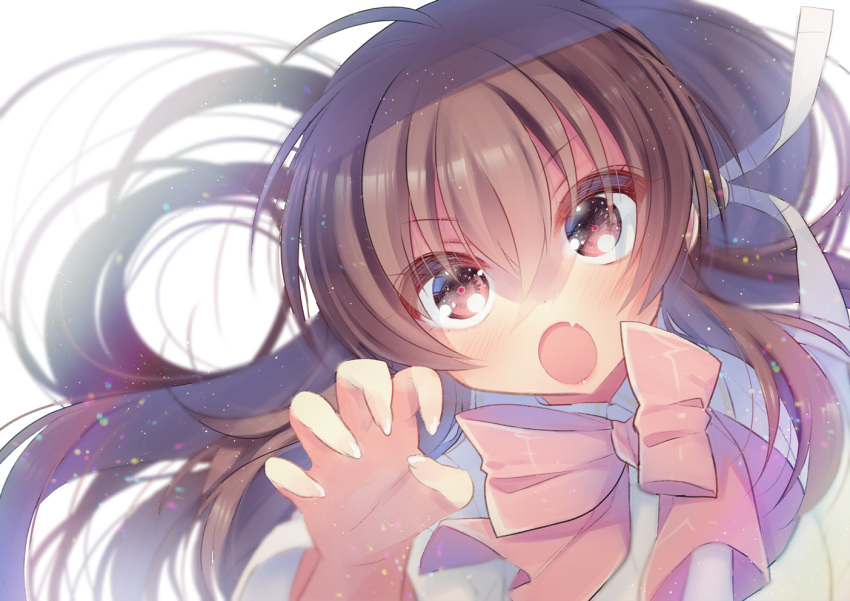1girl blush bow bowtie brown_eyes brown_hair capelet claw_pose commentary_request eyebrows_visible_through_hair fang floating_hair hair_between_eyes hair_ribbon hano_haruka light_particles little_busters!! long_hair looking_at_viewer natsume_rin open_mouth pink_neckwear ribbon simple_background skin_fang solo upper_body white_background