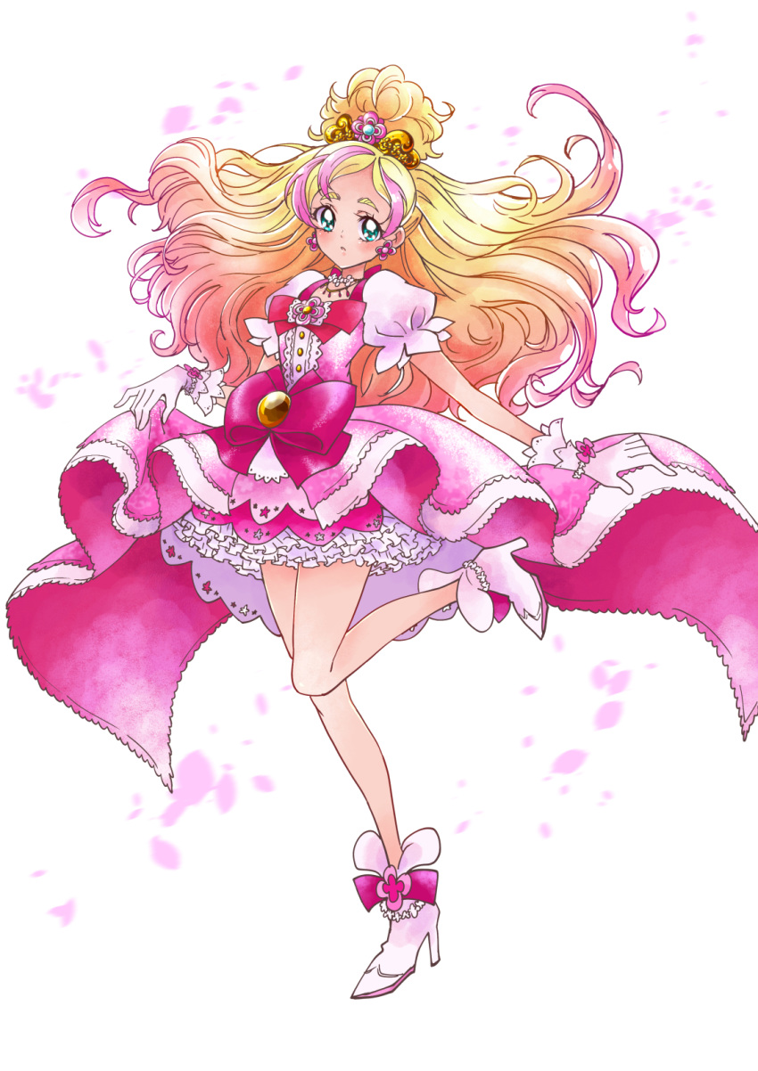 1girl blonde_hair blush bow bowtie cure_flora dress earrings floating_hair full_body gloves go!_princess_precure gradient_hair green_eyes hair_ornament high_heels highres jewelry layered_dress long_hair looking_at_viewer multicolored_hair necklace pink_dress pink_hair precure red_bow red_neckwear sharumon short_sleeves solo standing standing_on_one_leg tied_hair very_long_hair white_background white_footwear white_gloves