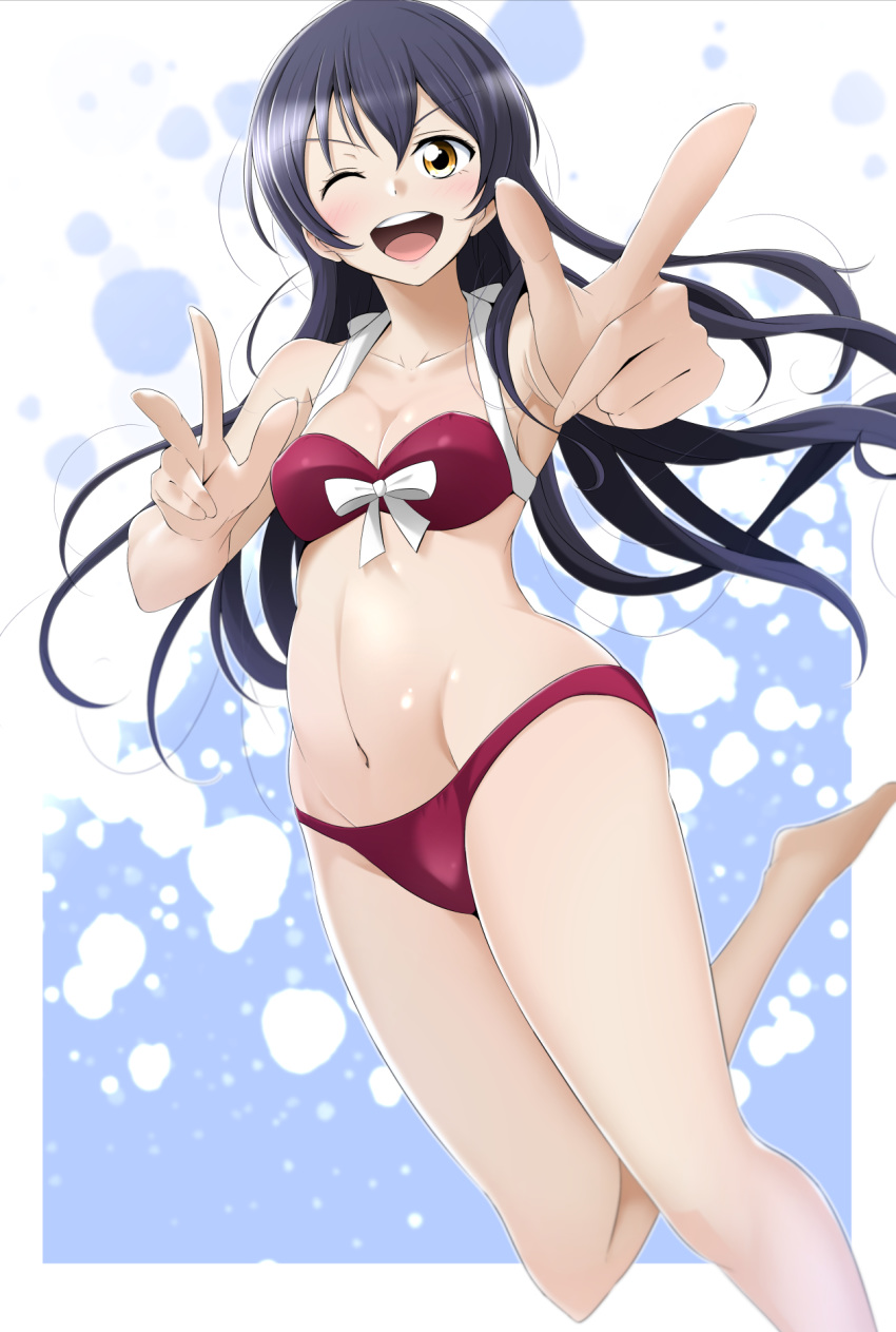 1girl bangs bikini blue_hair blush commentary_request eyebrows_visible_through_hair hair_ornament highres kirisaki_reina long_hair looking_at_viewer love_live! love_live!_school_idol_project one_eye_closed open_mouth outstretched_arm pointing pointing_at_viewer red_bikini red_swimsuit simple_background smile solo sonoda_umi swimsuit yellow_eyes