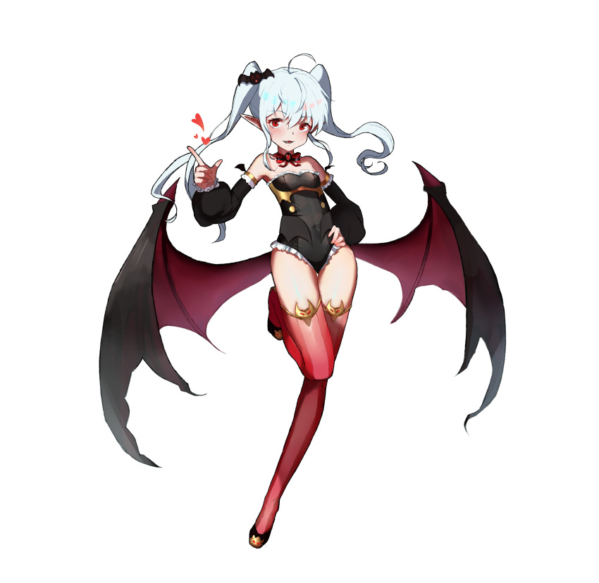 1girl absurdres ahoge bare_shoulders bat_hair_ornament black_footwear blush bow covered_navel demon_wings detached_sleeves dymao eyebrows_visible_through_hair fangs frilled_leotard frills gem hair_ornament hand_on_hip heart highres leotard long_hair low_wings lower_teeth mini_wings original pointy_ears red_bow red_eyes red_legwear shiny short_hair simple_background solo striped striped_bow teeth thigh-highs twintails vampire white_background white_hair wings