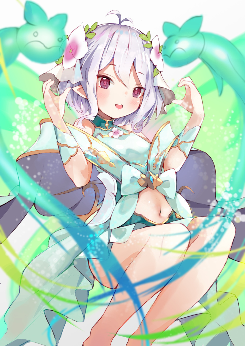 1girl absurdres antenna_hair bangs bare_legs bare_shoulders blush breasts commentary_request eyebrows_visible_through_hair feet_out_of_frame flower hair_between_eyes hair_flower hair_ornament hands_up highres knees_up kokkoro_(princess_connect!) looking_at_viewer navel open_mouth piliheros2000 pointy_ears princess_connect! princess_connect!_re:dive see-through short_hair silver_hair sleeveless small_breasts smile solo upper_teeth white_flower