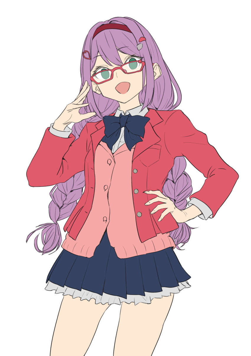 1girl absurdres bespectacled black_neckwear blue_skirt bow bowtie braid breast_pocket cardigan g9_(jiiku) glasses green_eyes hair_ornament hairband hairclip hand_on_hip hand_up highres jacket lineart long_hair nijisanji open_mouth pink_cardigan pocket purple_hair red-framed_eyewear red_hairband red_jacket sakura_ritsuki simple_background skirt solo twin_braids virtual_youtuber white_background