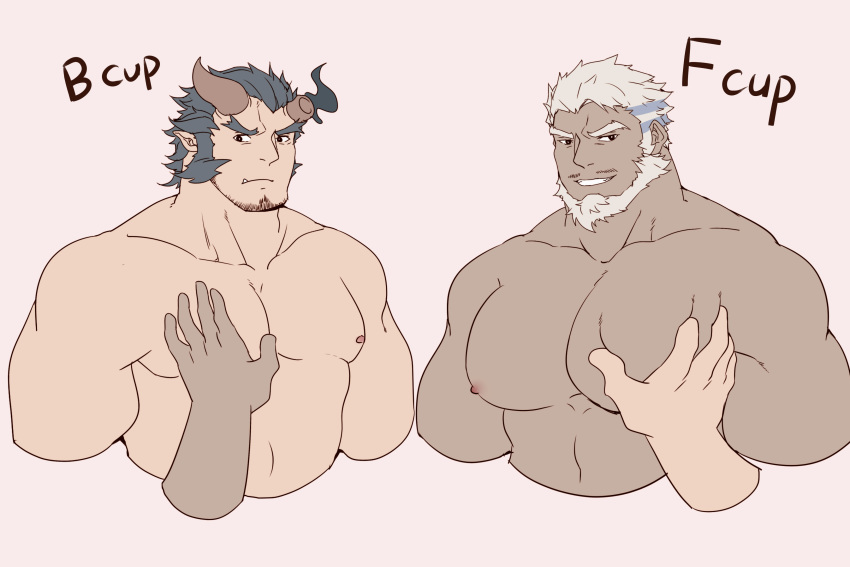 2boys 2others absurdres aegir_(tokyo_houkago_summoners) bara beard bust_chart chest cropped_torso dark_blue_hair facial_hair fang flat_color guoguo highres horns looking_at_viewer male_focus manly multicolored_hair multiple_boys multiple_others muscle nipples pectoral_grab pectorals shirtless short_hair sideburns streaked_hair stubble takemaru_(tokyo_houkago_summoners) thick_eyebrows tokyo_houkago_summoners upper_body white_hair