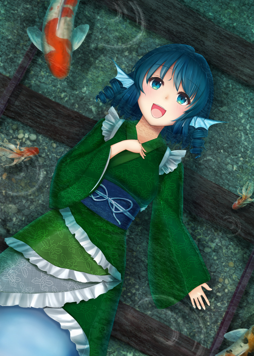 1girl :d absurdres afloat animal_print blue_eyes blue_hair commentary_request drill_hair eyebrows_visible_through_hair gravel green_kimono hand_on_own_chest head_fins highres in_water japanese_clothes kimono koi long_sleeves looking_at_viewer luke_(kyeftss) lying mermaid monster_girl obi on_back open_mouth partially_submerged railroad_tracks ripples sash short_hair short_kimono smile solo touhou twin_drills wakasagihime wide_sleeves
