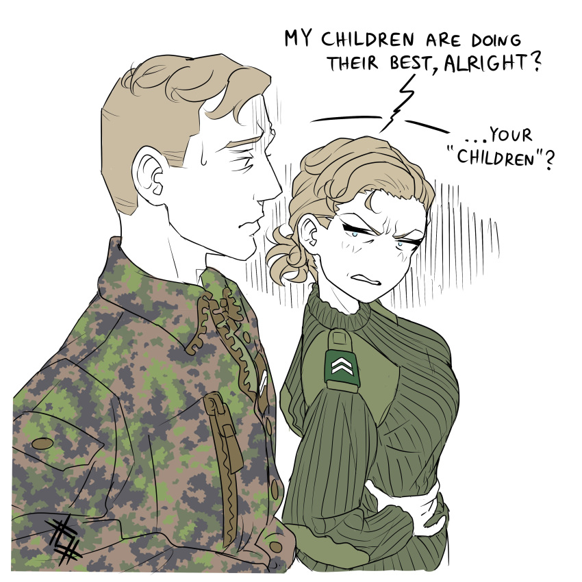 1boy 1girl absurdres angry artist_logo blonde_hair breasts camouflage camouflage_jacket clenched_teeth english_text finnish_army green_sweater hands_on_hips highres jacket large_breasts long_sleeves military military_rank_insignia military_uniform original ostwindprojekt partially_colored short_hair simple_background sketch sweater teeth uniform upper_body white_background zipper