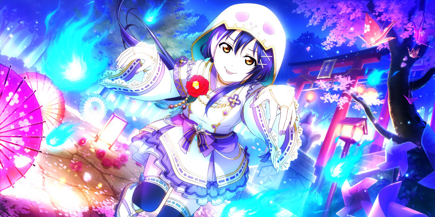 blue_hair brown_eyes hoodie long_hair love_live!_school_idol_festival_all_stars sonoda_umi yukata