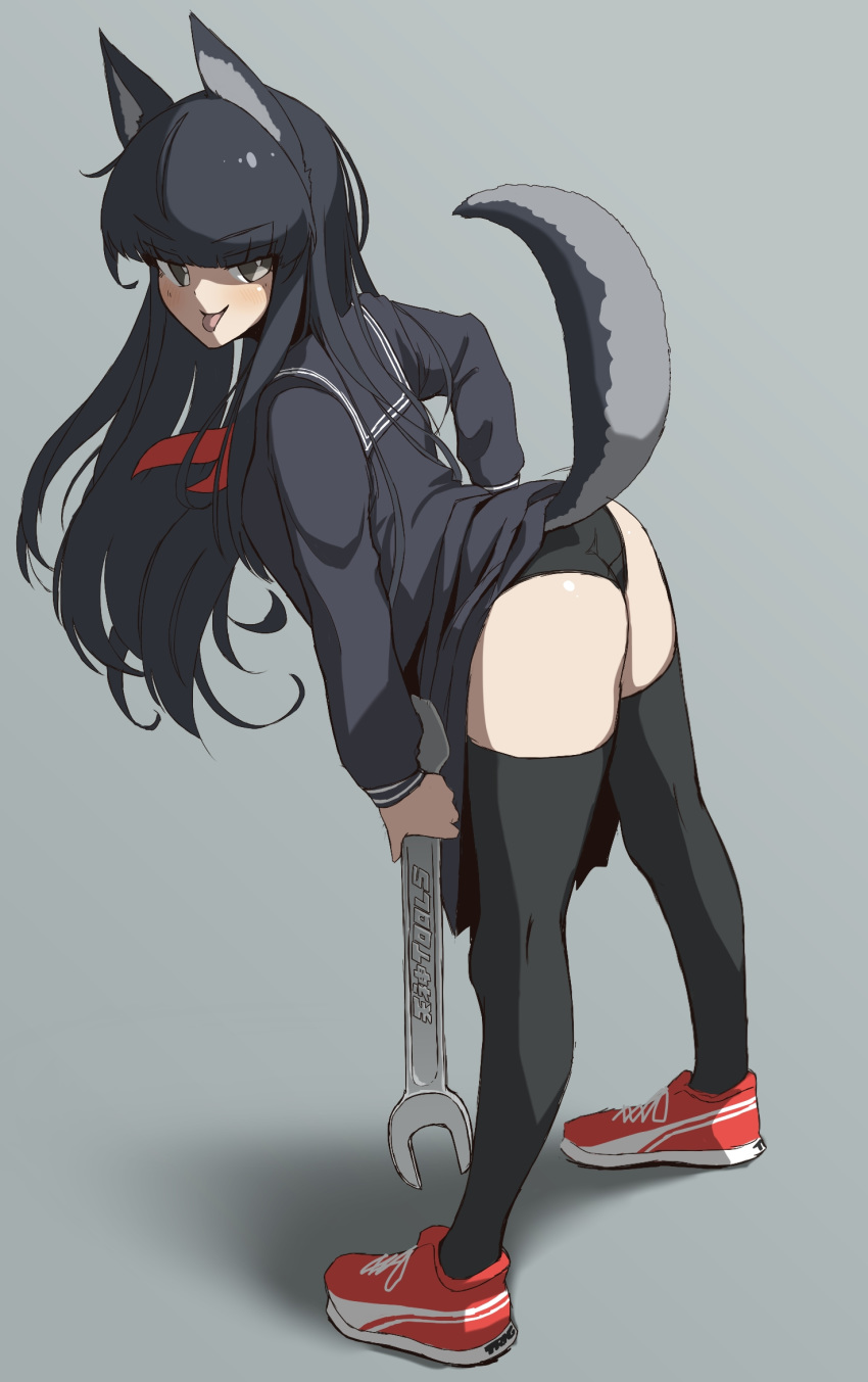 1girl animal_ears bent_over black_panties grey_background grey_eyes highres holding holding_wrench looking_at_viewer looking_back original panties puma school_uniform serafuku shoes sneakers tail tongue tongue_out underwear v-shaped_eyebrows wolf_ears wolf_tail wrench xyv_1