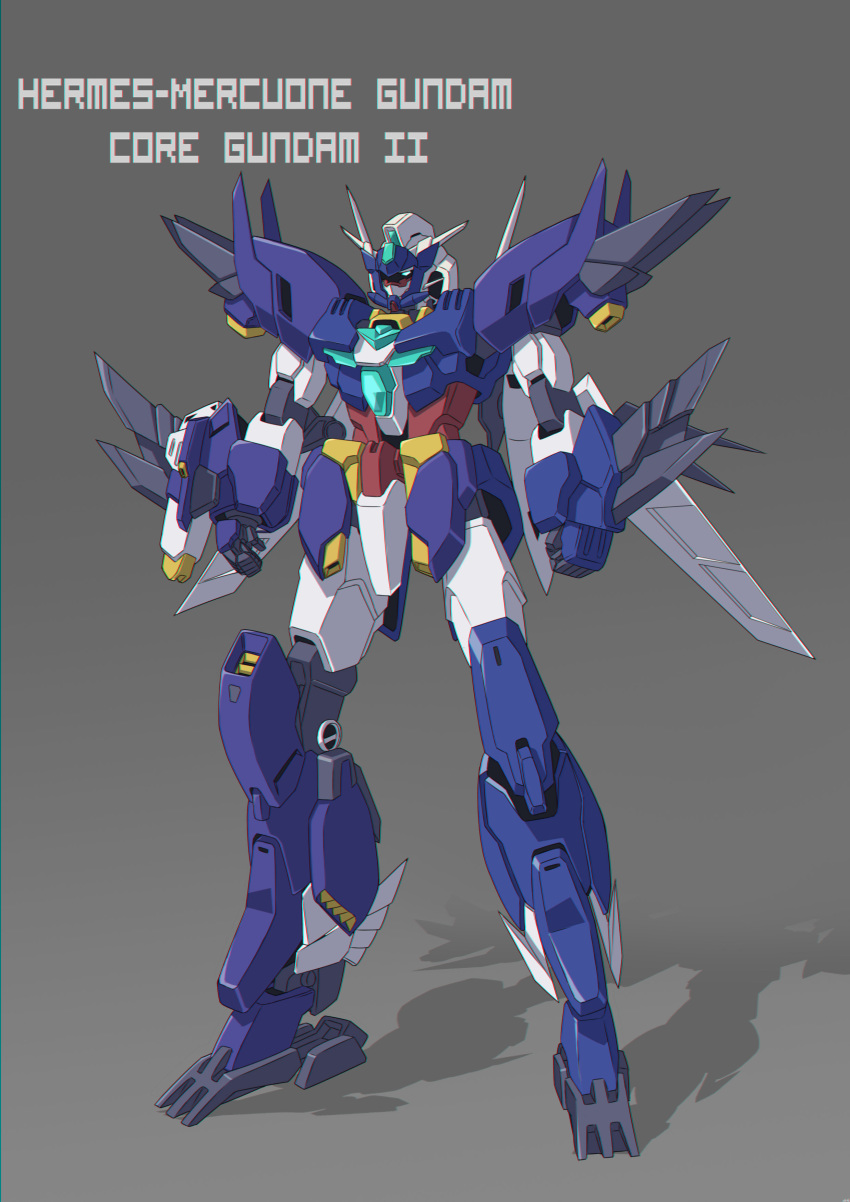 absurdres aqua_eyes character_name chinese_commentary clenched_hands clotho_(1326803453) english_commentary grey_background gundam gundam_build_divers gundam_build_divers_re:rise gunpla highres mecha mercuone_gundam mixed-language_commentary no_humans original redesign solo standing v-fin