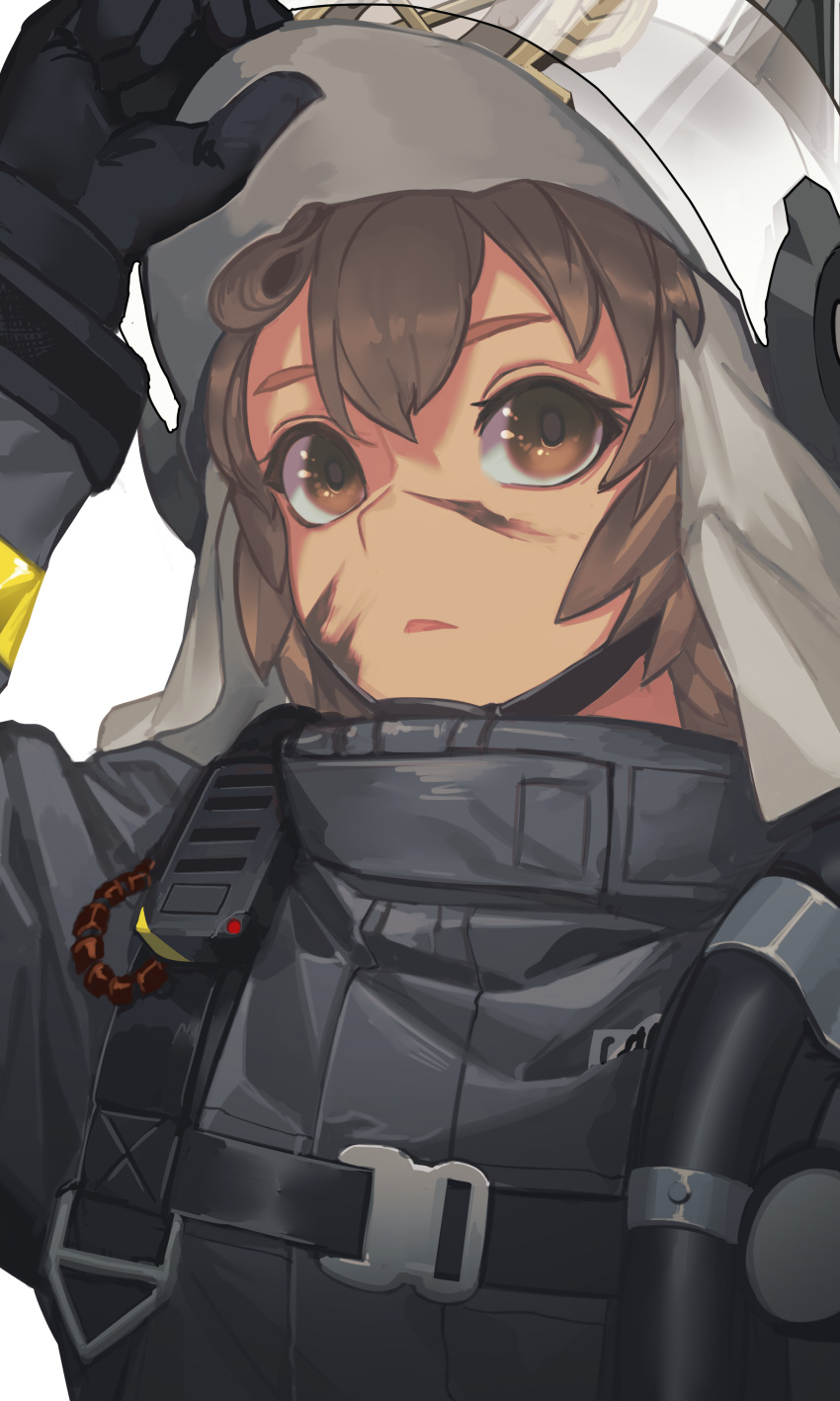 1girl absurdres animal_ears animal_ears_helmet arknights arm_up bangs black_gloves black_jacket brown_eyes brown_hair burn_scar eyebrows_behind_hair facial_scar fake_animal_ears fire_helmet fire_jacket fixro2n gloves hair_between_eyes helmet highres jacket lifted_by_self long_sleeves looking_at_viewer parted_lips scar scar_on_cheek shaw_(arknights) simple_background solo upper_body white_background