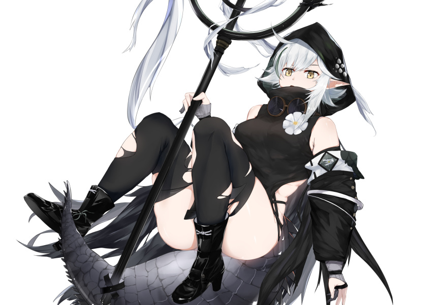 1girl absurdres ahoge arknights as_yinshimao bangs bare_shoulders black_footwear boots breasts commentary_request crocodilian_tail flower high_heel_boots high_heels highres holding holding_staff hood knees_up large_breasts large_tail long_sleeves looking_at_viewer pointy_ears short_hair sidelocks silver_hair simple_background solo staff tail thigh-highs thighs tomimi_(arknights) white_background white_flower yellow_eyes