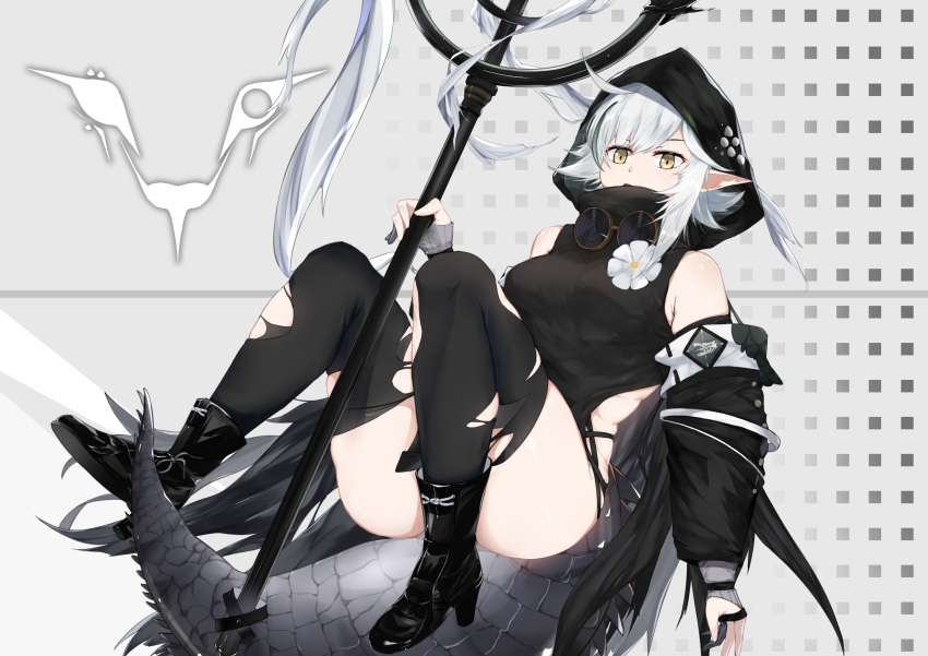 1girl absurdres ahoge arknights as_yinshimao bangs bare_shoulders black_footwear boots breasts commentary_request crocodilian_tail flower grey_background high_heel_boots high_heels highres holding holding_staff hood knees_up large_breasts large_tail long_sleeves looking_at_viewer pointy_ears sargon_logo short_hair sidelocks silver_hair solo staff tail thigh-highs thighs tomimi_(arknights) white_flower yellow_eyes