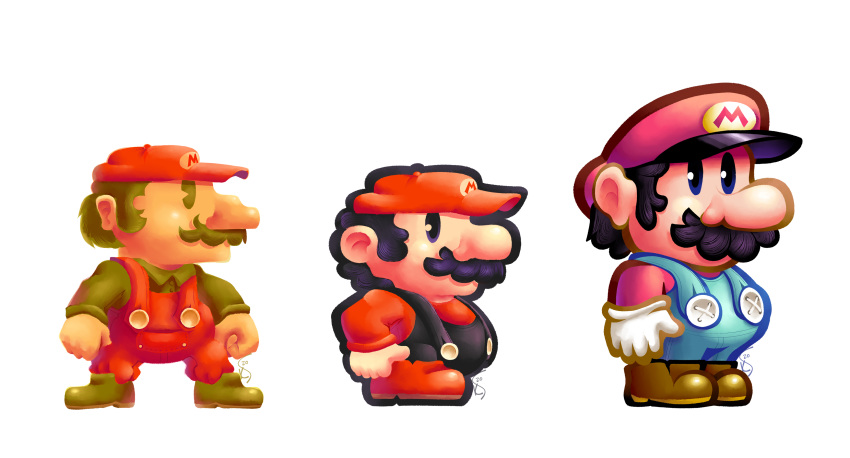 1boy absurdres black_eyes clenched_hands english_commentary facial_hair gloves highres male_focus mario super_mario_bros. multiple_views mustache open_hand overalls parody style_parody super_mario_bros. super_mario_bros._3 super_mario_world torkirby white_background white_gloves