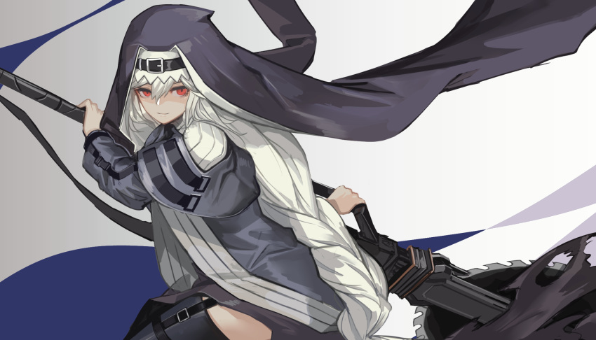 1girl arknights bangs belt belt_buckle black_belt black_dress black_legwear braid buckle closed_mouth dress fixro2n gradient gradient_background grey_background grey_capelet grey_jacket habit hair_between_eyes highres holding holding_weapon jacket long_hair looking_at_viewer red_eyes smile specter_(arknights) thigh-highs veil very_long_hair weapon white_background white_hair