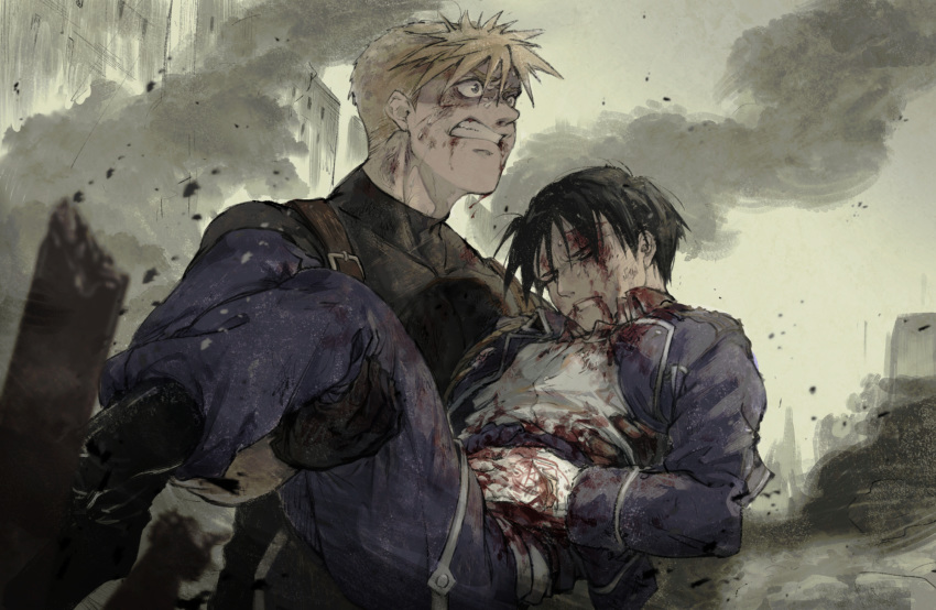 2boys amestris_military_uniform bangs black_footwear black_gloves black_hair black_shirt bleeding blonde_hair blood bloody_clothes blue_eyes blue_jacket blue_pants boots carrying chest_harness clenched_teeth closed_eyes collared_shirt dirty dirty_face feet_out_of_frame fullmetal_alchemist gloves grimace hair_between_eyes hand_on_own_stomach highres injury jacket jean_havoc looking_away magic_circle male_focus military military_uniform multiple_boys outdoors pants princess_carry roy_mustang shirt short_hair short_sleeves smoke sweat teeth uniform upper_body white_gloves yuu_(kotobana_0418)